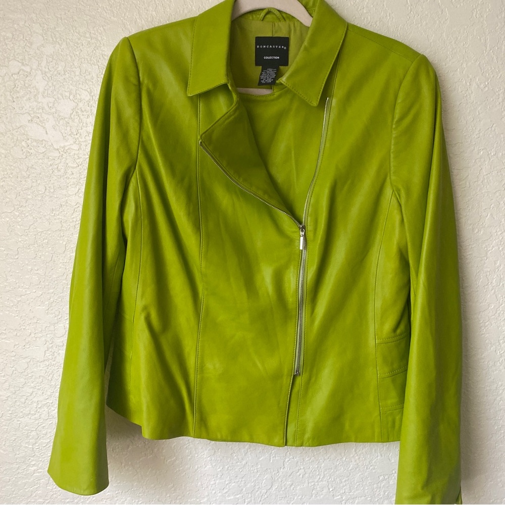 Doncaster Collection Asymmetrical Zipper Lime Green Leather Jacket Size 14